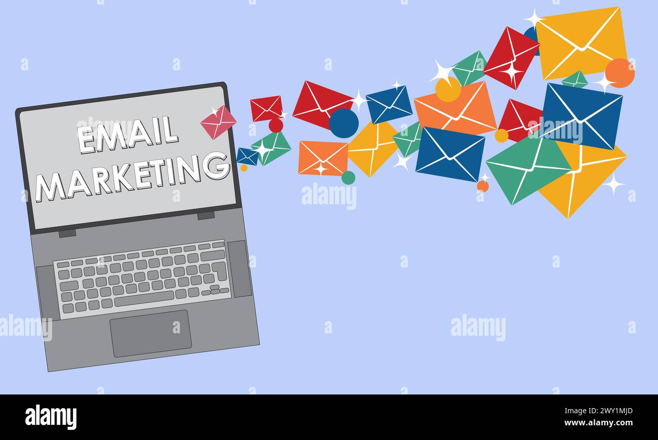 Konzept der E-Mail-Marketing-Kampagne, Versenden digitaler E-Mails an Kunden, E-Mail-Newsletter-Strategie, Umschlag aus dem Laptop Stock Vektor