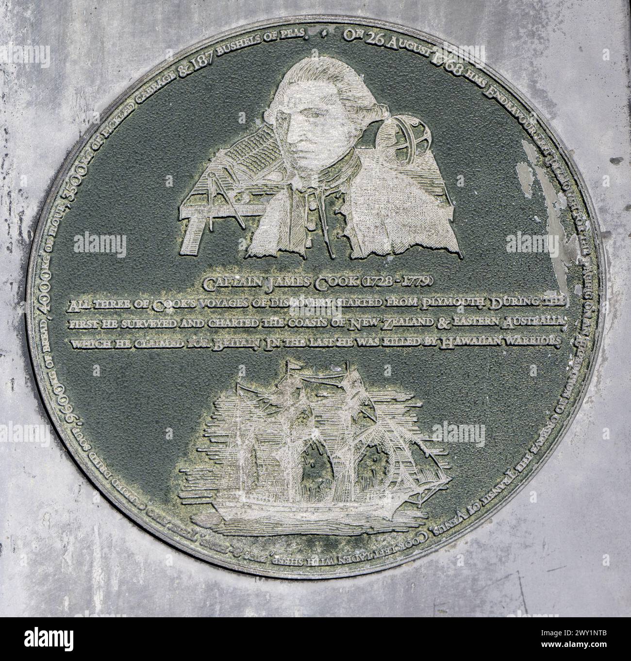 Gedenktafel im Barbican, Plymouth, Devon, England, Großbritannien - Captain James Cook 1728 - 1779 Stockfoto