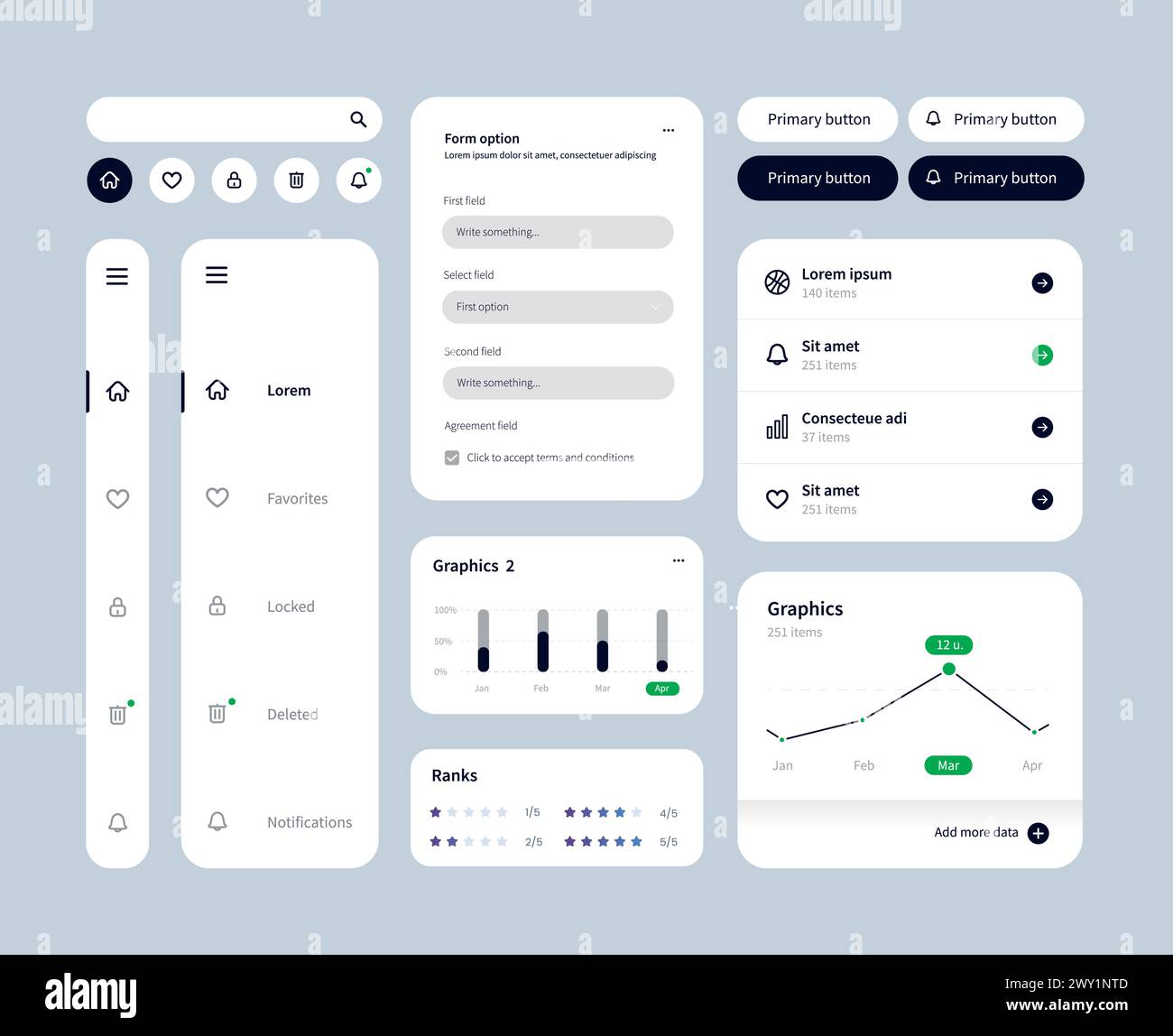 Großes und verbessertes ui-Kit für Web-Design, mobile Apps mit den verschiedenen Schaltflächen, Diagrammen, Diagrammen, Menüs und Suchen. Stock Vektor