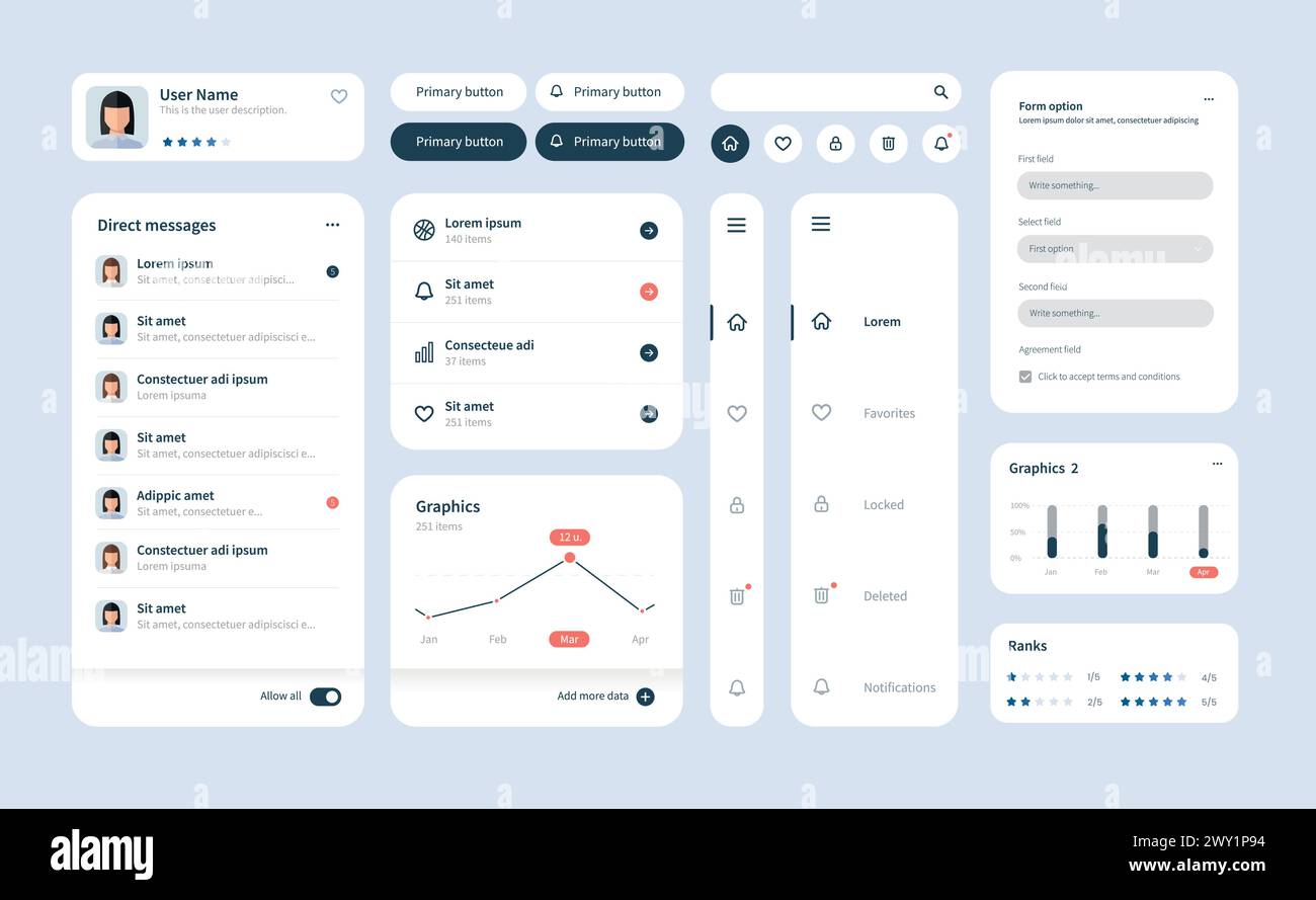 Großes und verbessertes ui-Kit für Web-Design, mobile Apps mit den verschiedenen Schaltflächen, Diagrammen, Diagrammen, Menüs und Suchen. Stock Vektor