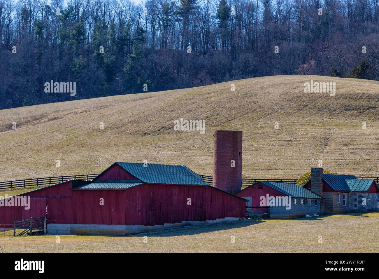 Staunton, Virginia, USA - 25. Februar 2024: Landlandschaft mit roter Scheune und Silos im ländlichen Virginia, USA Stockfoto