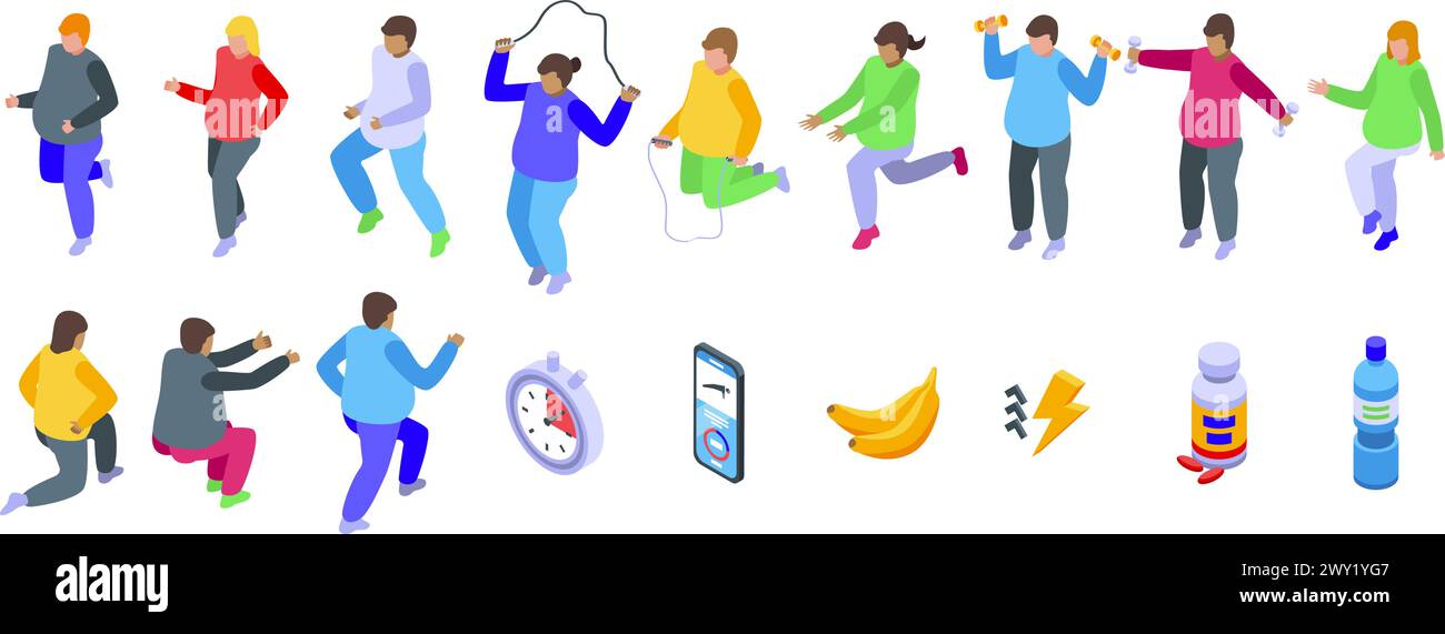 Die Symbole für die Fettverbrennung legen den isometrischen Vektor fest. Sprungübung. Gewichtsverlust Stock Vektor