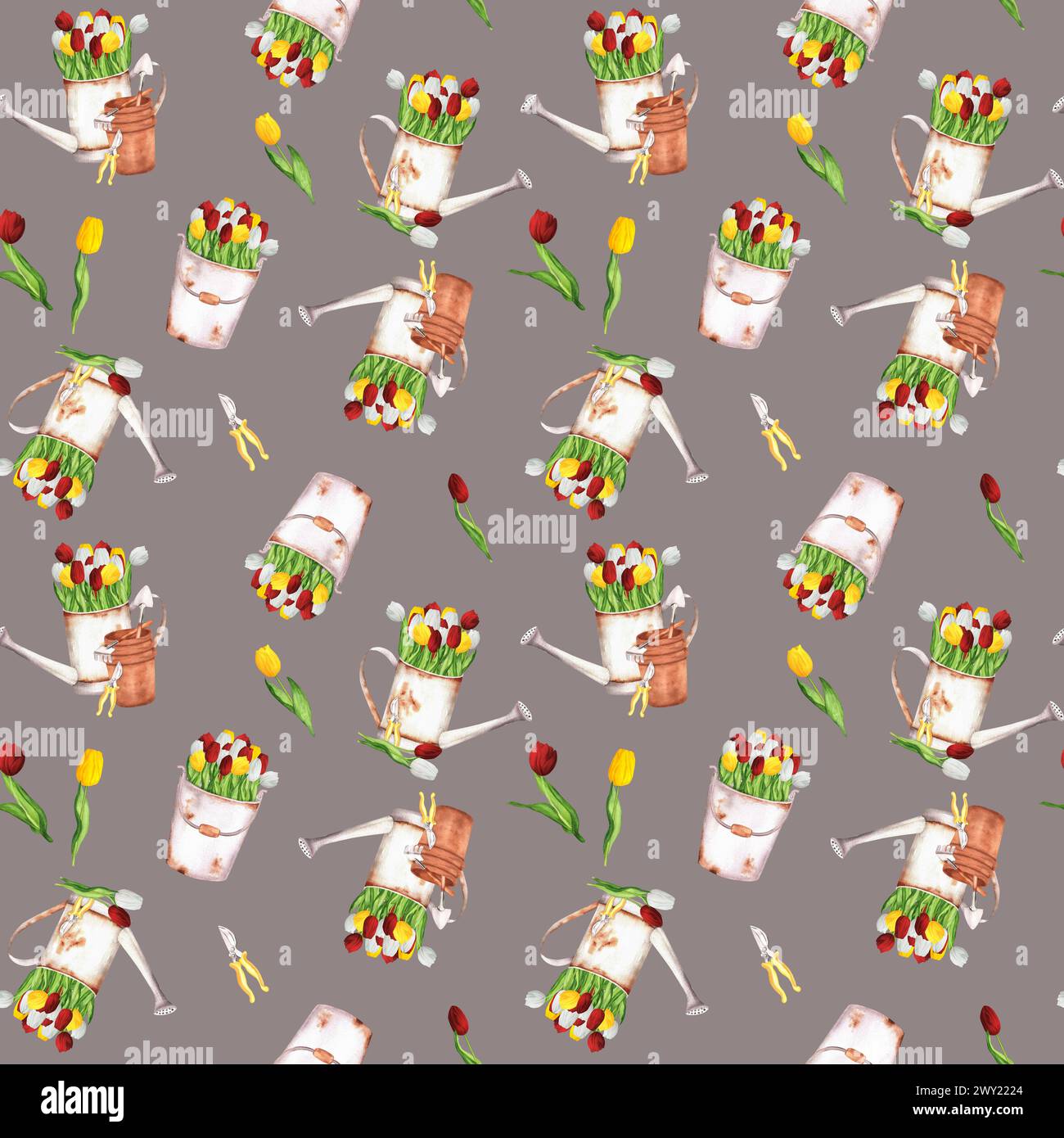 Handgezeichnete Aquarellillustration. Nahtloses Muster mit Gartengießkanne, gelben, roten und weißen Tulpen, Garteneimern, Blumentöpfen Stockfoto