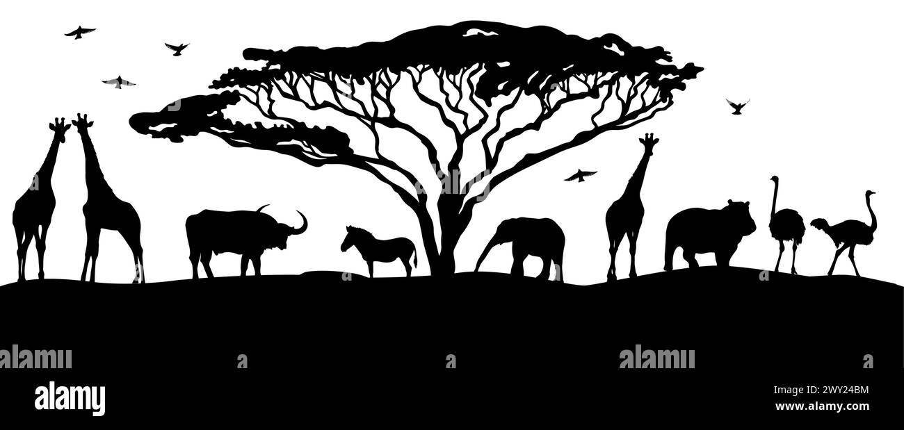 Afrikanische Landschaftssilhouetten von Tieren. Handzeichnung. Nicht AI, Vektorillustration Stock Vektor