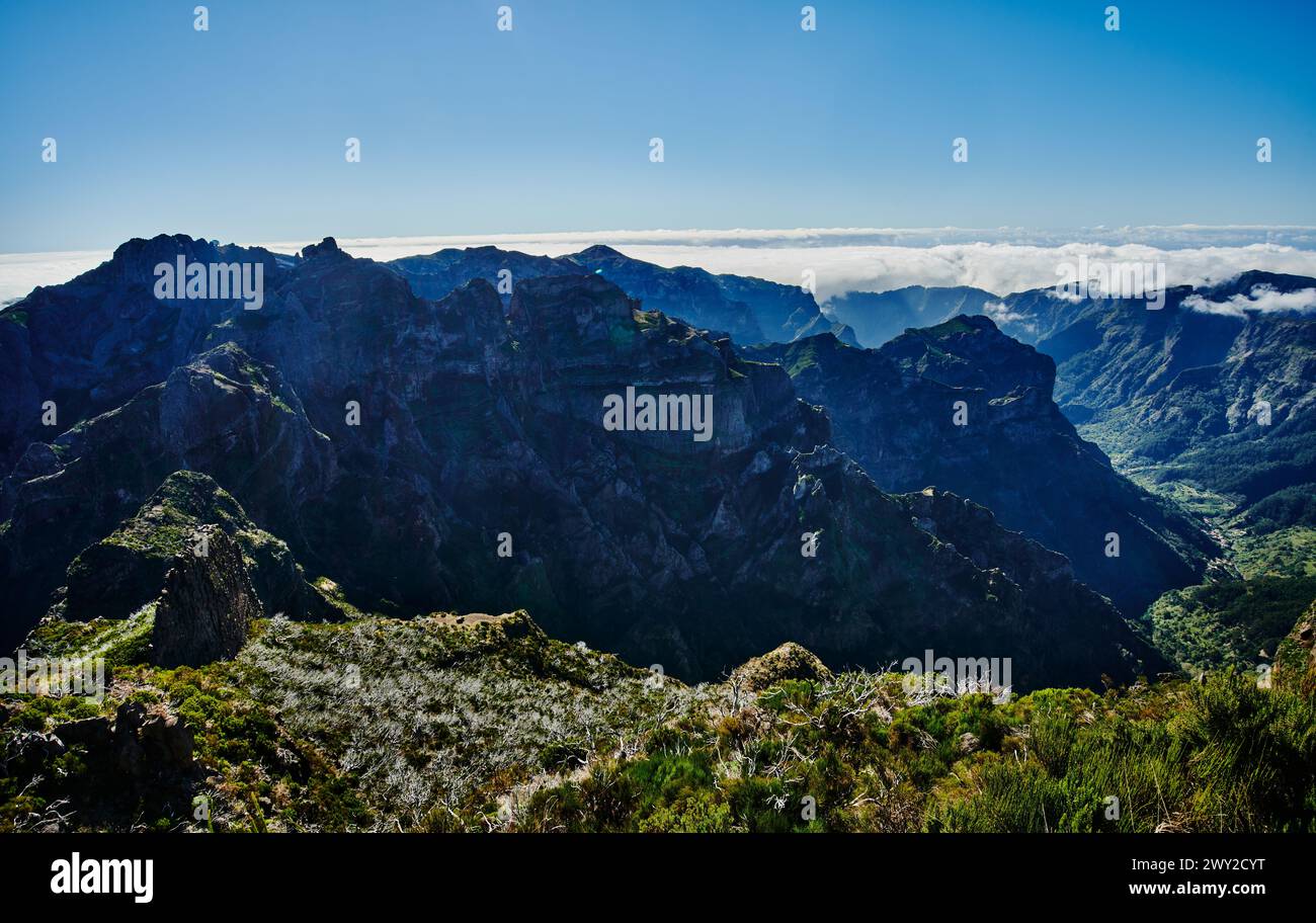 Blick vom PR1 Trail, Pico do Arierio zur Pico Ruivo Wanderung, auf Madeira Insel, Portugal, Europa Stockfoto