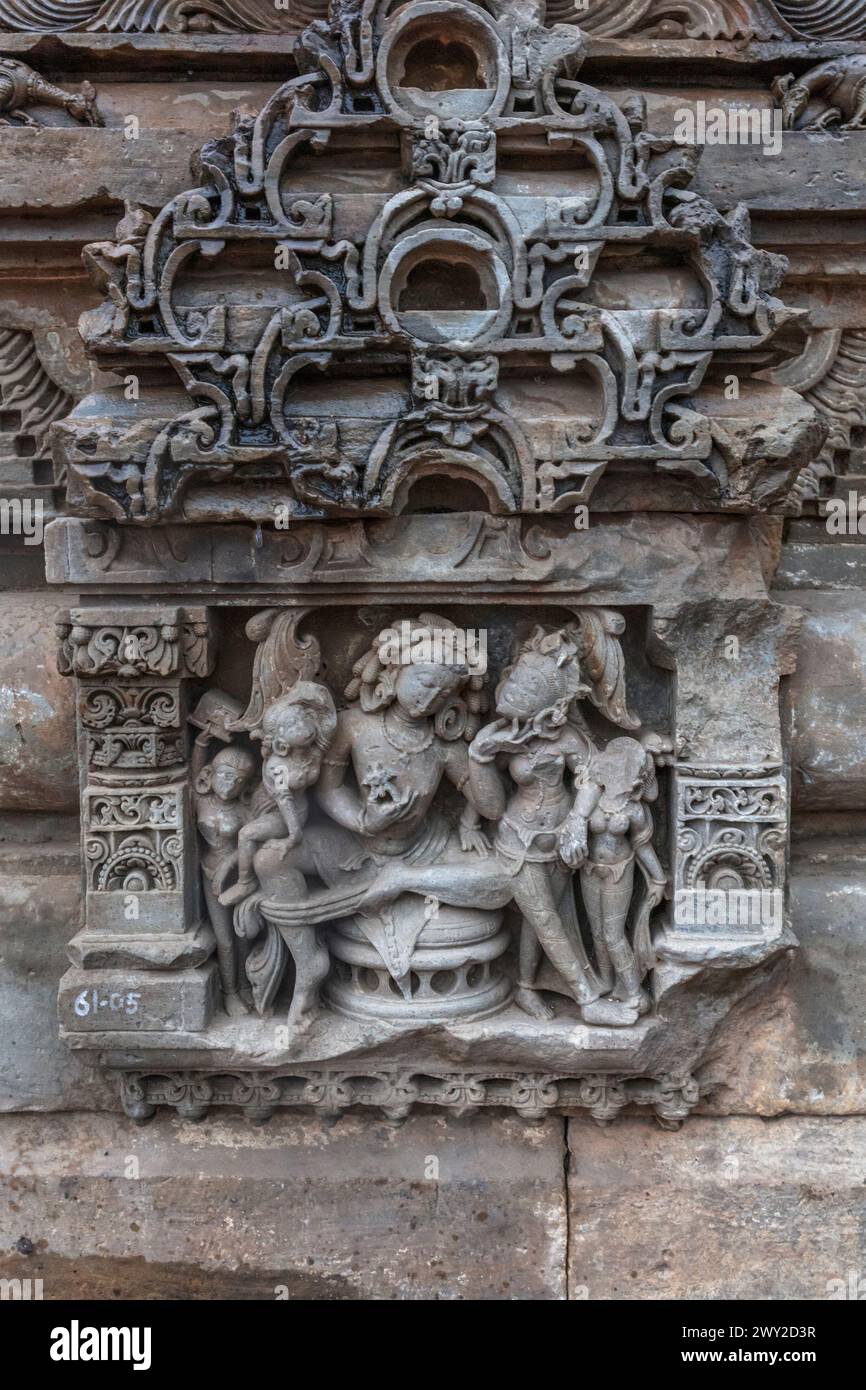 Relief im Harshat Mata Tempel, Abhaneri, Rajasthan, Indien Stockfoto