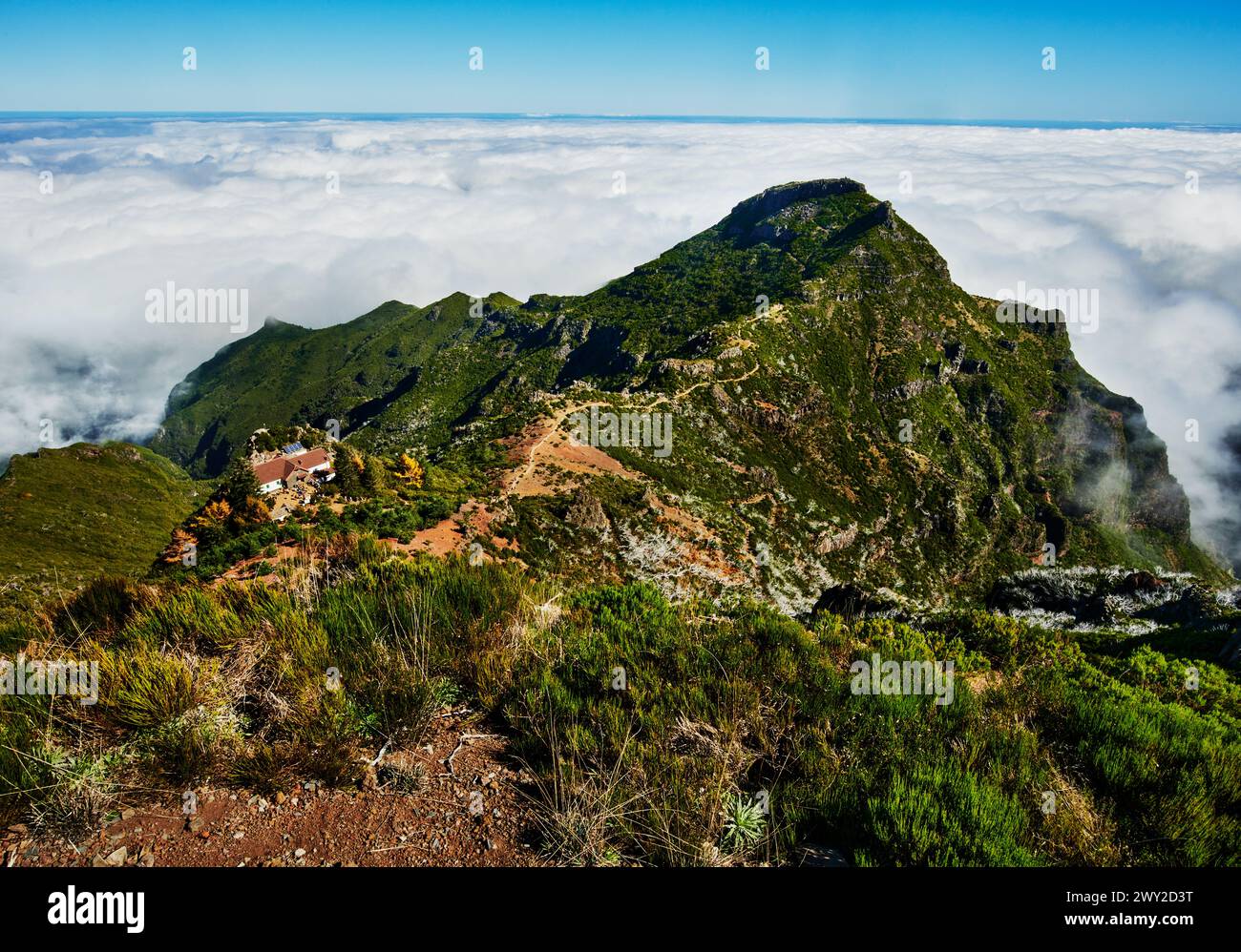Blick von der Spitze des PR1 Wanderwegs, Pico do Arierio zur Pico Ruivo Wanderung, auf Madeira Insel, Portugal, Europa Stockfoto