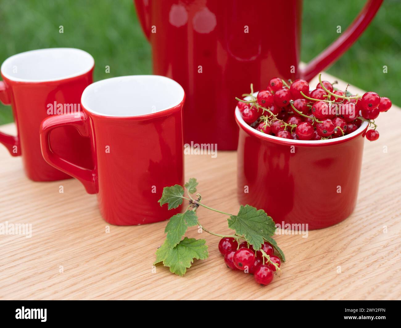 Set aus hellem Keramikgeschirr und roter Johannisbeere auf dem Holztisch im Freien, selektiver Fokus. Das Konzept des Sommer-Picknicks oder der Zeit für einen Snack Stockfoto