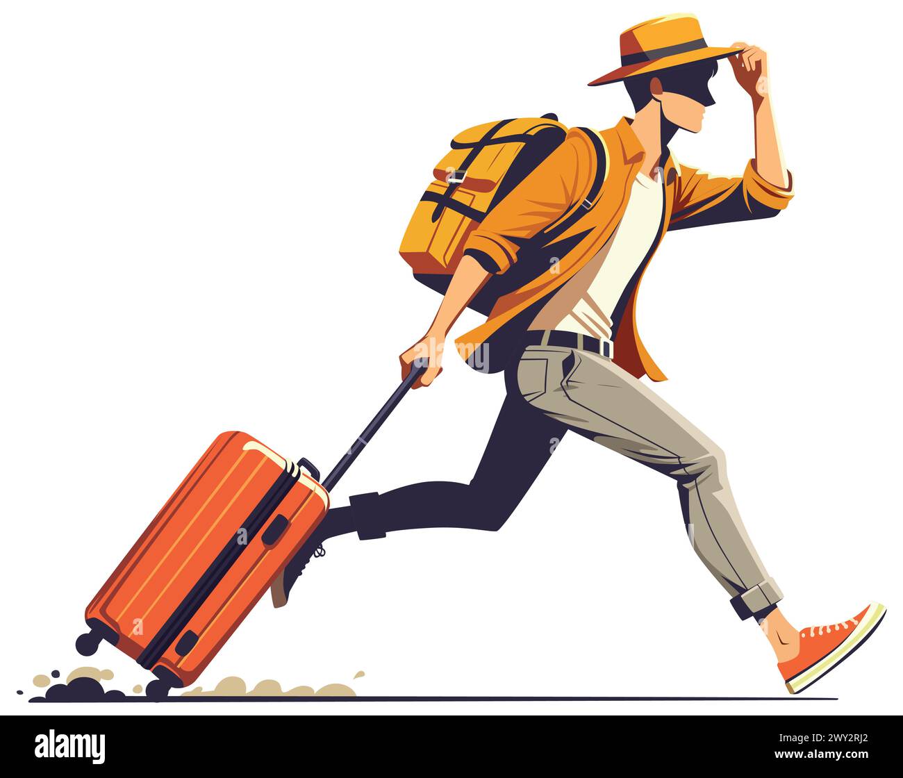 Illustration eines eiligen Mannes, der mit Koffer und Rucksack hetzt. Stock Vektor