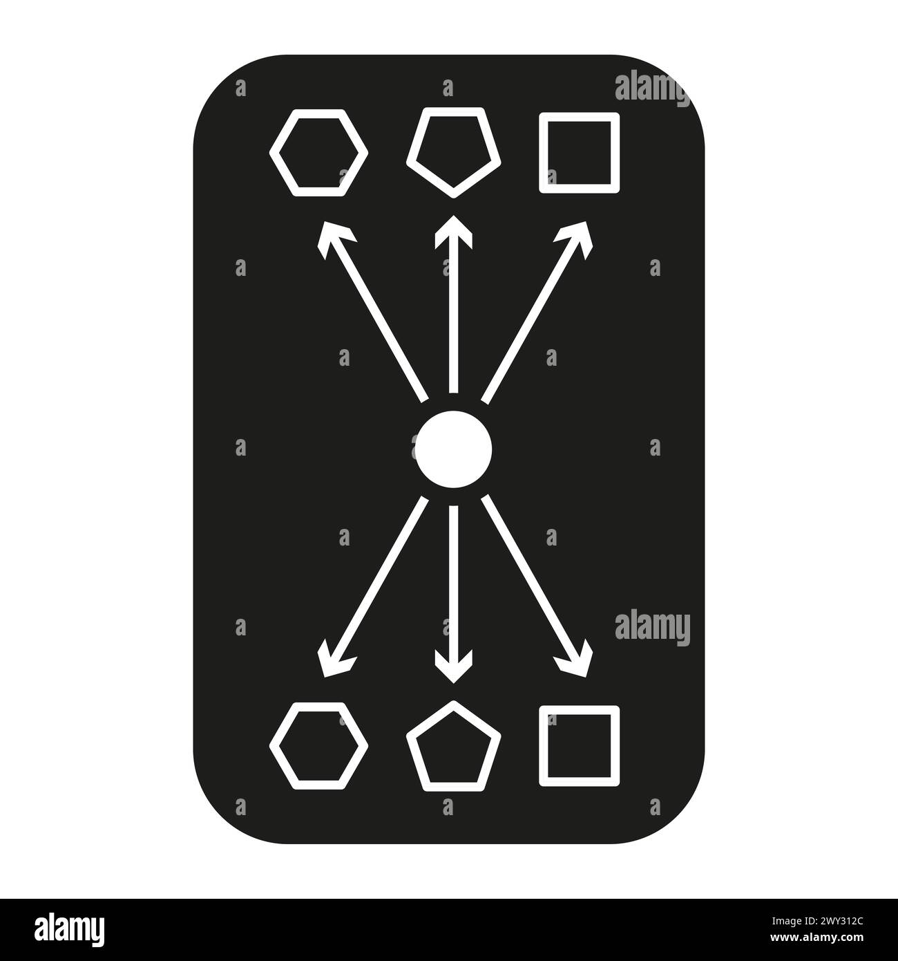 Symbol für verteiltes Netzwerk. Zentraler Anschlusspunkt. Sechseckige und quadratische Knoten. Symmetrisches Layout. Vektorabbildung. EPS 10 Stock Vektor