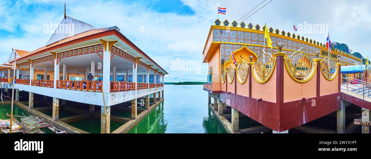 Panorama des schwimmenden Dorfes Ko Panyi mit Pfahlbauten der Schule und des islamischen Ethiktrainingszentrums, Phang Nga Bay, Thailand Stockfoto