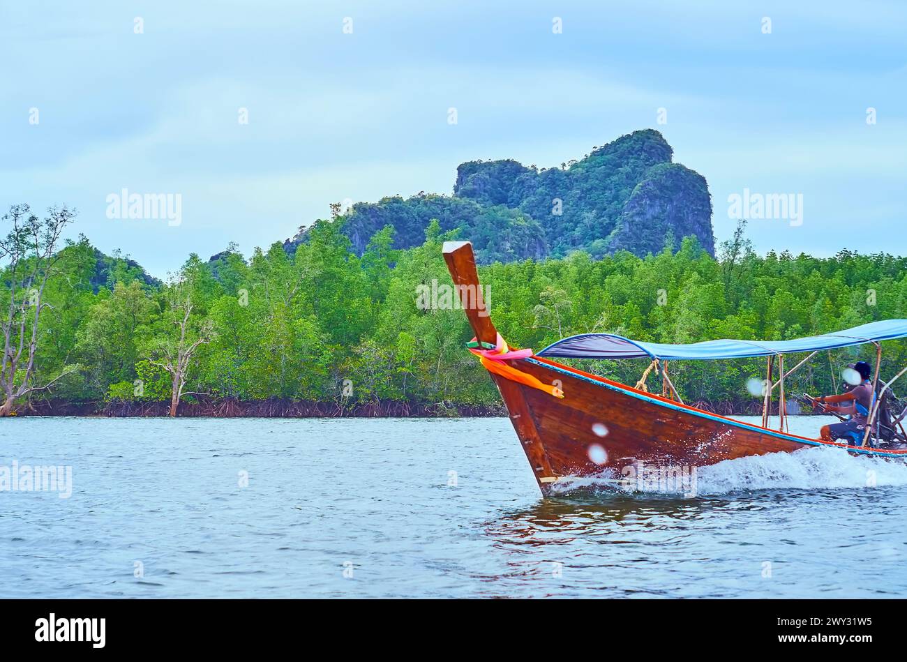 Das schnelle und schmale Langboot ist ein perfekter Transport, um die Mangrovenwälder des Ao Phang Nga Nationalparks in Thailand zu beobachten Stockfoto