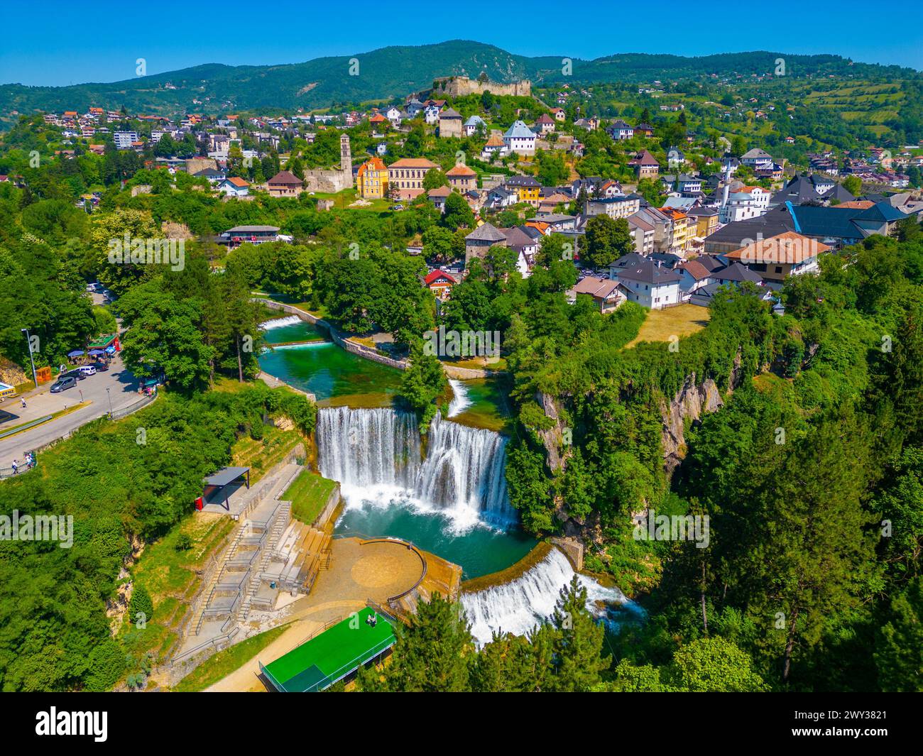 Panorama der bosnischen Stadt Jajce Stockfoto