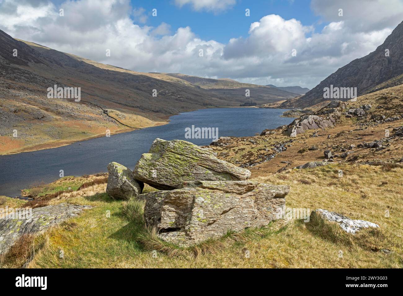 Lake Llyn Ogwen, Snowdonia Nationalpark bei Pont Pen-y-benglog, Bethesda, Bangor, Wales, Großbritannien Stockfoto