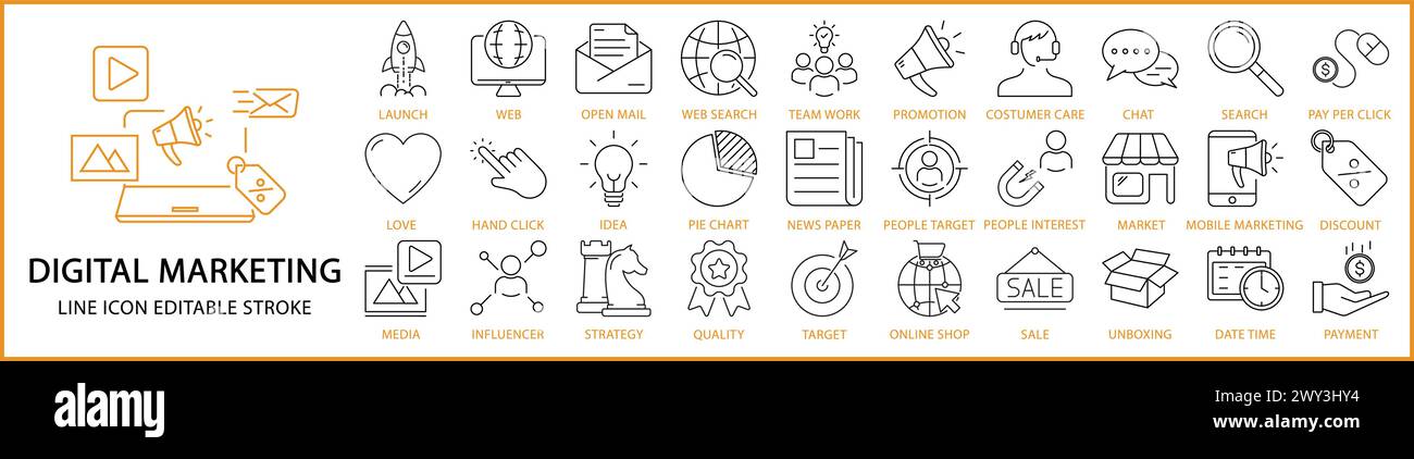 Symbole für digitales Marketing. Symbolsatz für digitales Marketing. Liniensymbole im Zusammenhang mit digitalem Marketing. Vektorabbildung. Bearbeitbare Kontur. Stock Vektor