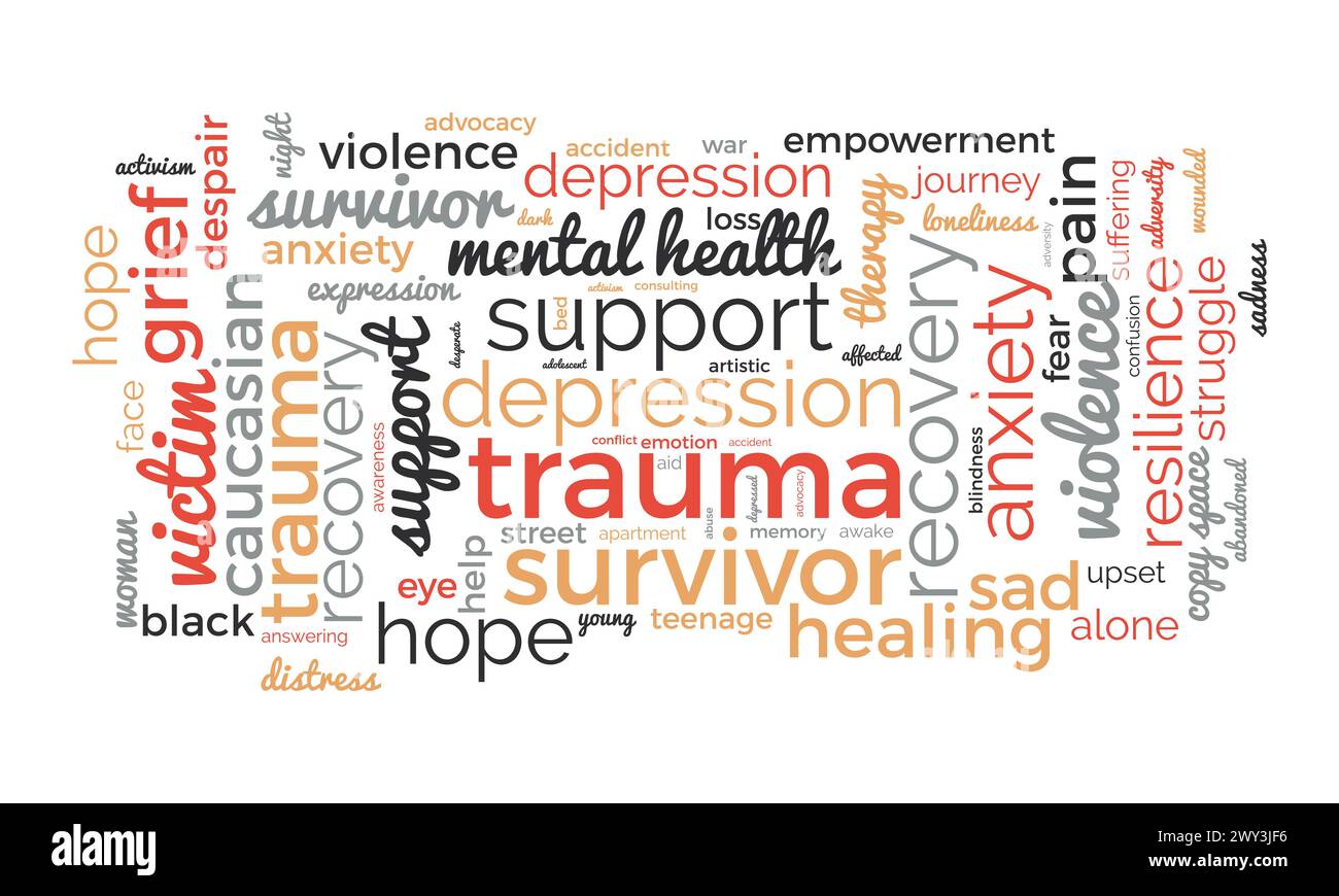 Trauma Survivors Word Cloud Template. Gesundheit und medizinisches Bewusstsein Konzept Vektor Hintergrund. Stock Vektor