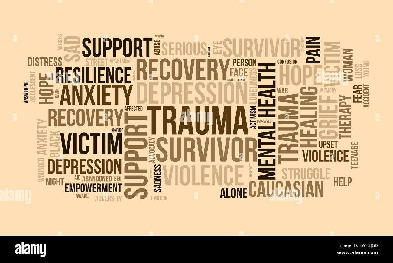 Trauma Survivors Word Cloud Template. Gesundheit und medizinisches Bewusstsein Konzept Vektor Hintergrund. Stock Vektor