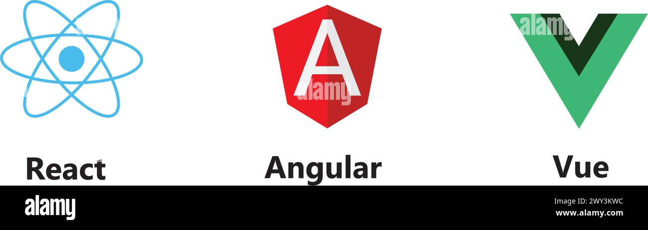 Vektorsammlung von Schildern für die Webentwicklung: React js, angular und vue js. Stock Vektor
