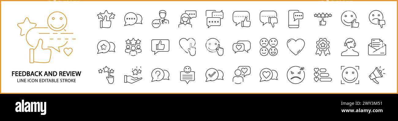 Symbole für Feedback und Überprüfung. Feedback-Symbole. Symbole überprüfen. Symbolgruppe. Liniensymbole bearbeitbare Kontur. Vektorabbildung. Kundenerfahrung. Stock Vektor