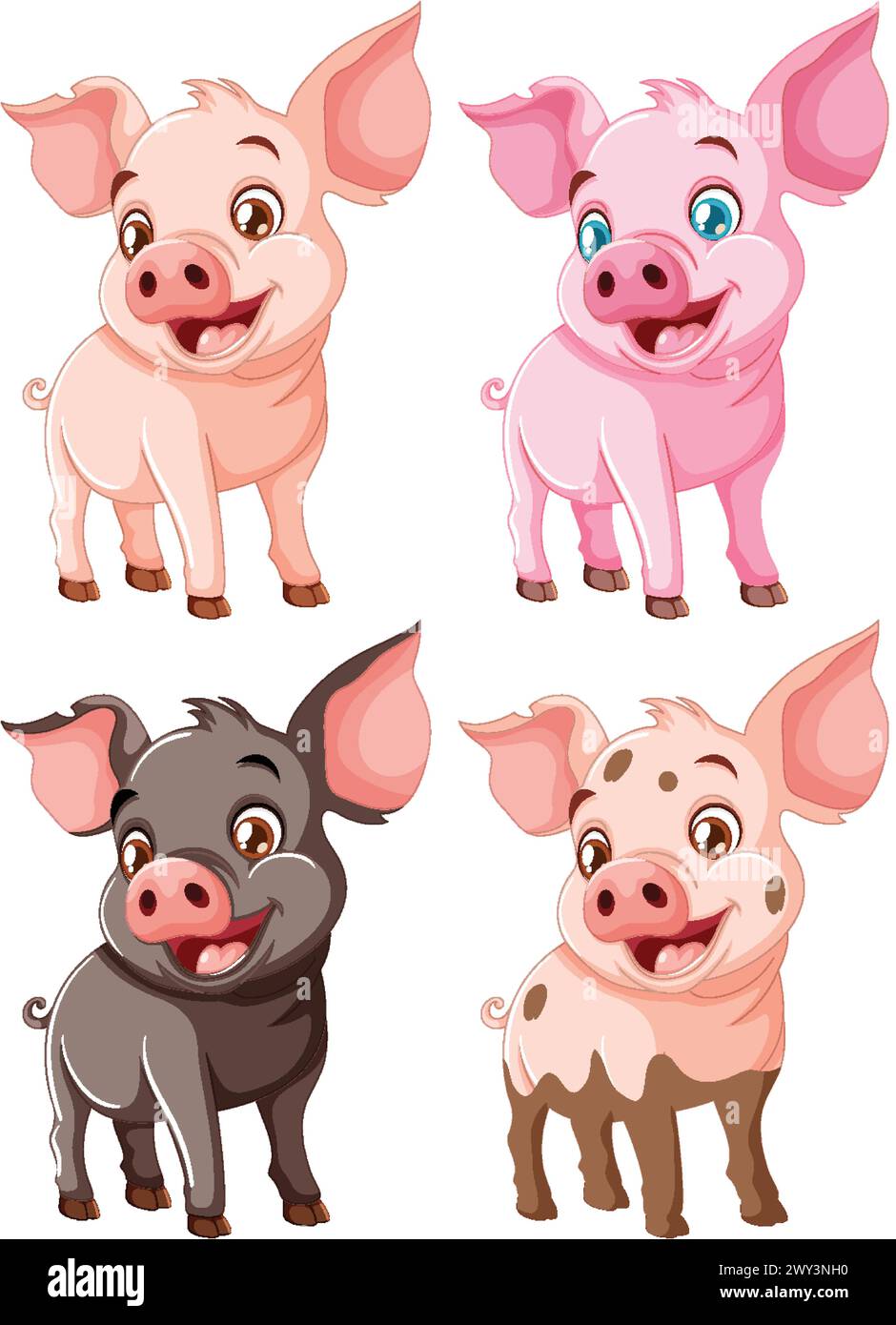 Vier süße Schweine in verschiedenen verspielten Posen. Stock Vektor