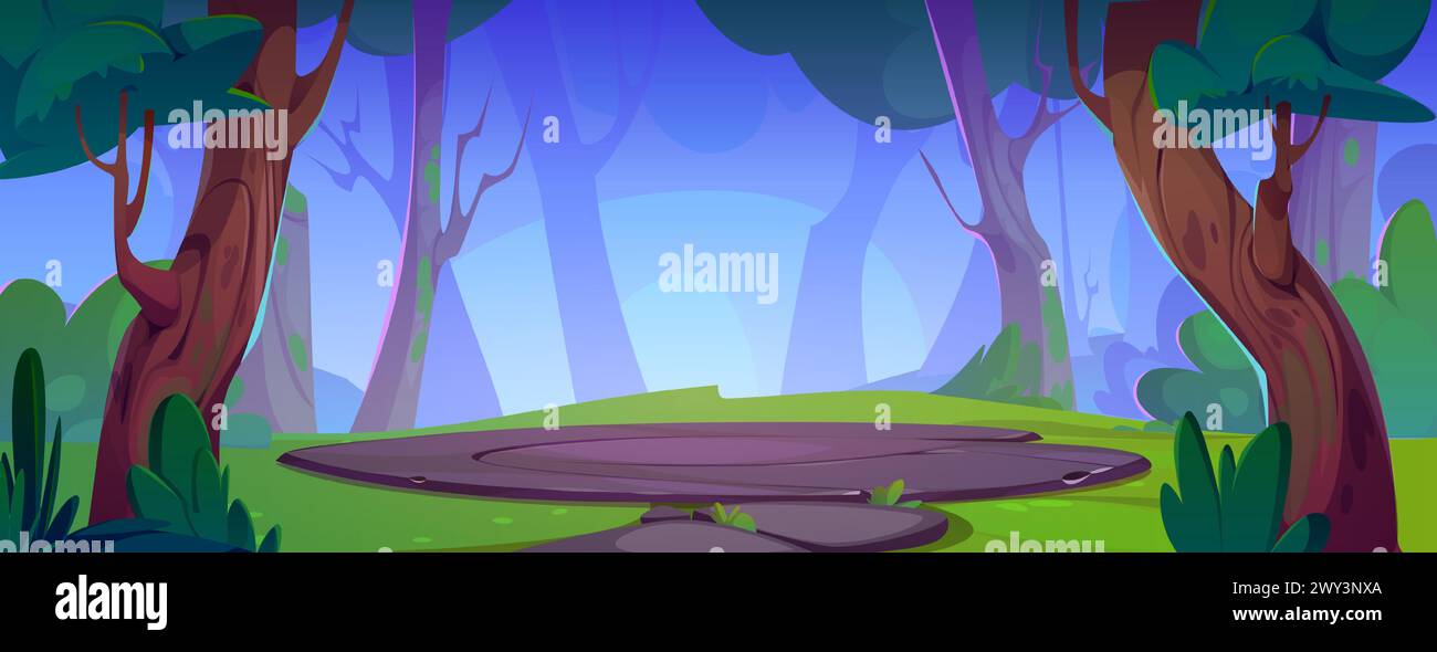 Arena-Feld im Wald mit Baum- und Graslandschaft. Sommer-Cartoon-Podium in Outdoor-Park-Umgebung. Abenteuerspiel Laub Panorama-Hintergrundbild mit Lichteinfassung für den Kampf. Fantasy-Szenendesign Stock Vektor