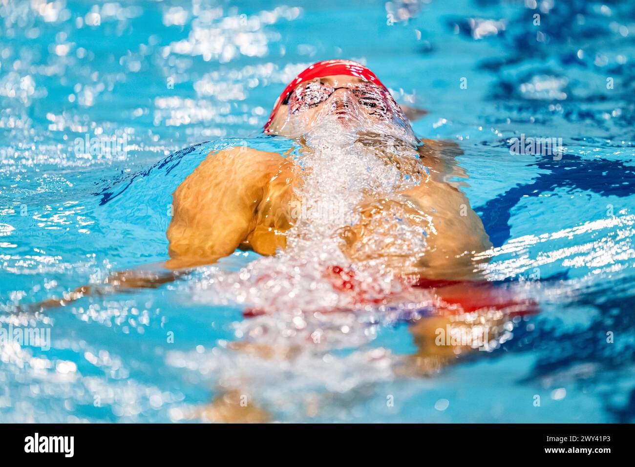 LONDON, VEREINIGTES KÖNIGREICH. April 2024. Stephen Clegg von der Edinburgh University tritt 100 am Mittwoch, den 03. April 2024, bei der Speedo Aquatics GB Swimming Championships 2024 – Tag 2 im London Aquatics Centre an. LONDON ENGLAND. Quelle: Taka G Wu/Alamy Live News Stockfoto