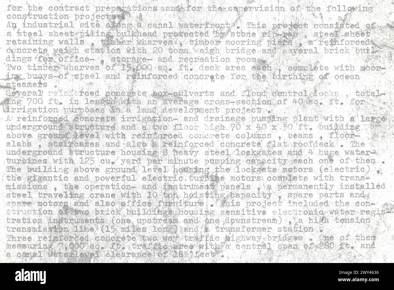 Texthintergrund, geschrieben auf einer alten Schreibmaschine mit einer Grunge-Ebene. Es ist Teil eines Lebenslaufs eines Bauingenieurs, der in den 60er Jahren in South A gearbeitet hat Stockfoto