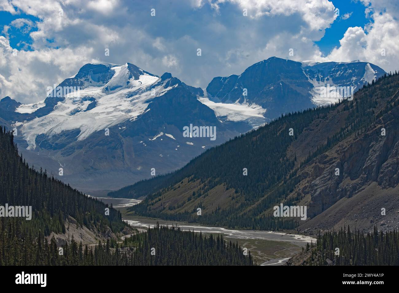 Mt. Athabasca und der Nordseidengletscher (links), der AA-Gletscher (Mitte) und Mt. Andromeda und der Andromeda-Gletscher (rechts) Stockfoto