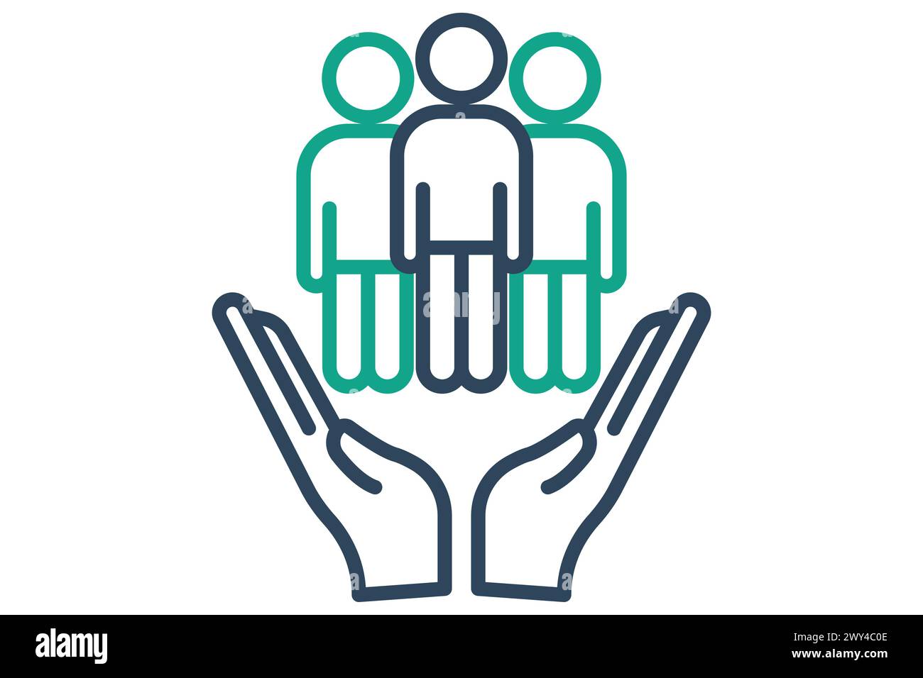 Menschenrechtsymbol. Hand mit Menschen. Symbol, das sich auf den Symbolstil der ESG-Linie bezieht. Illustration des Konstruktionsvektors Stock Vektor