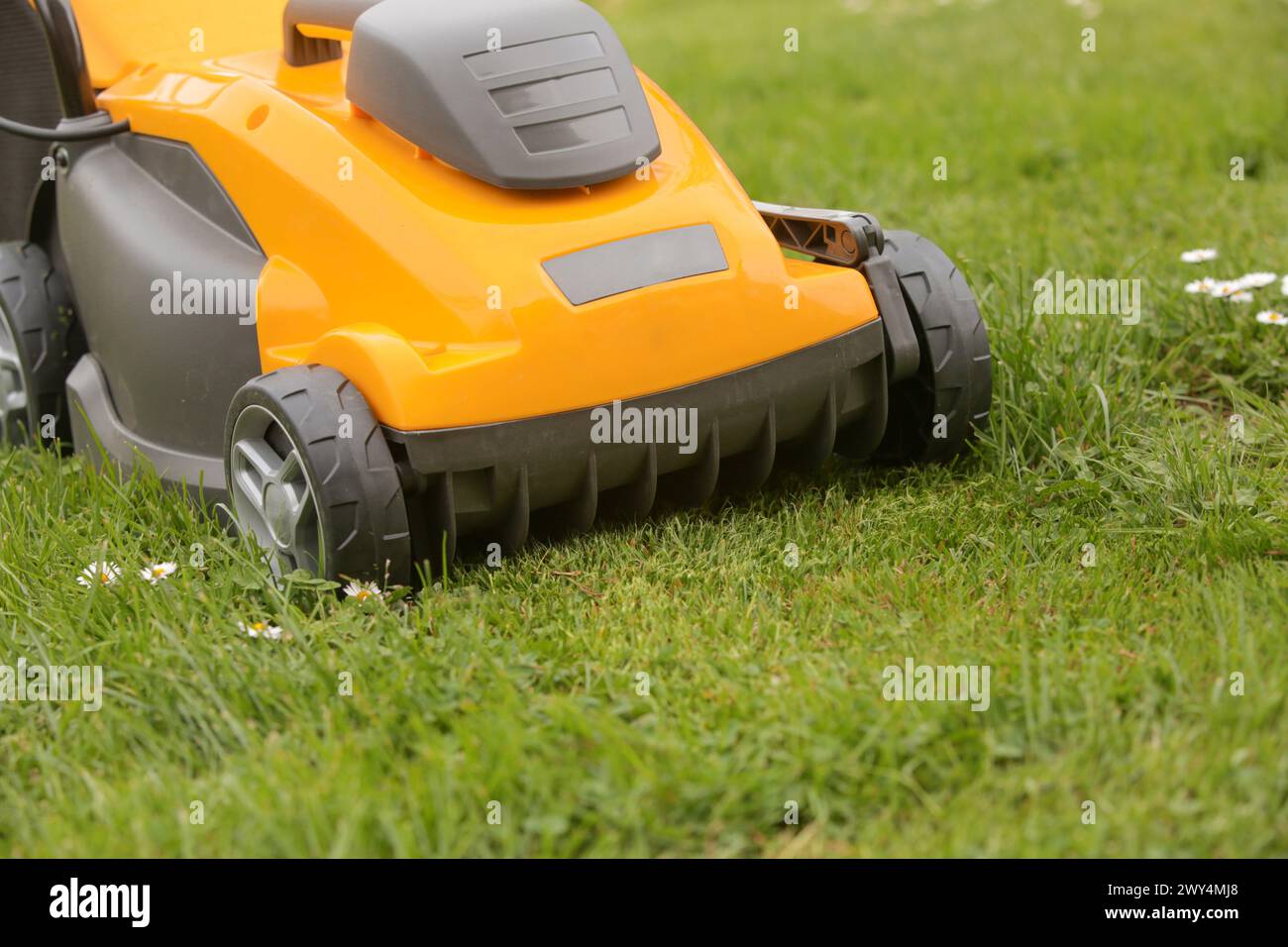 Orangefarbener Rasenmäher auf dem grünen Gras im Hof Stockfoto