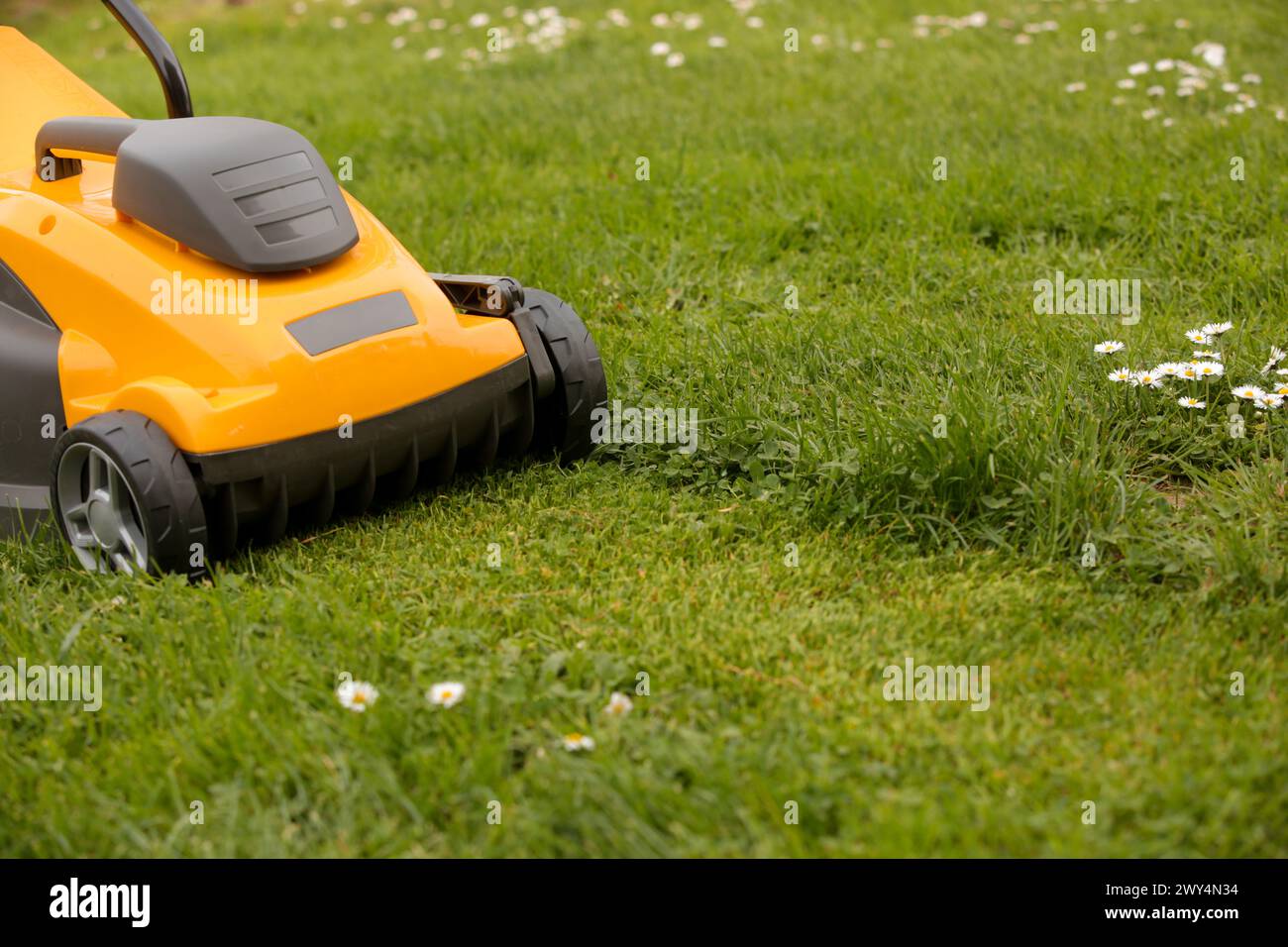 Orangefarbener Rasenmäher auf dem grünen Gras im Hof Stockfoto