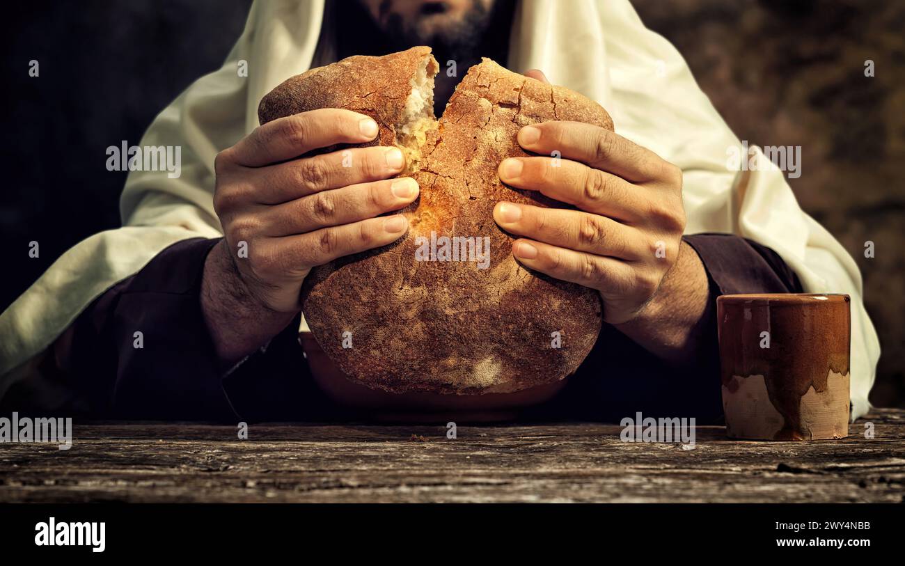 Das letzte Abendmahl, Jesus bricht das Brot. Stockfoto