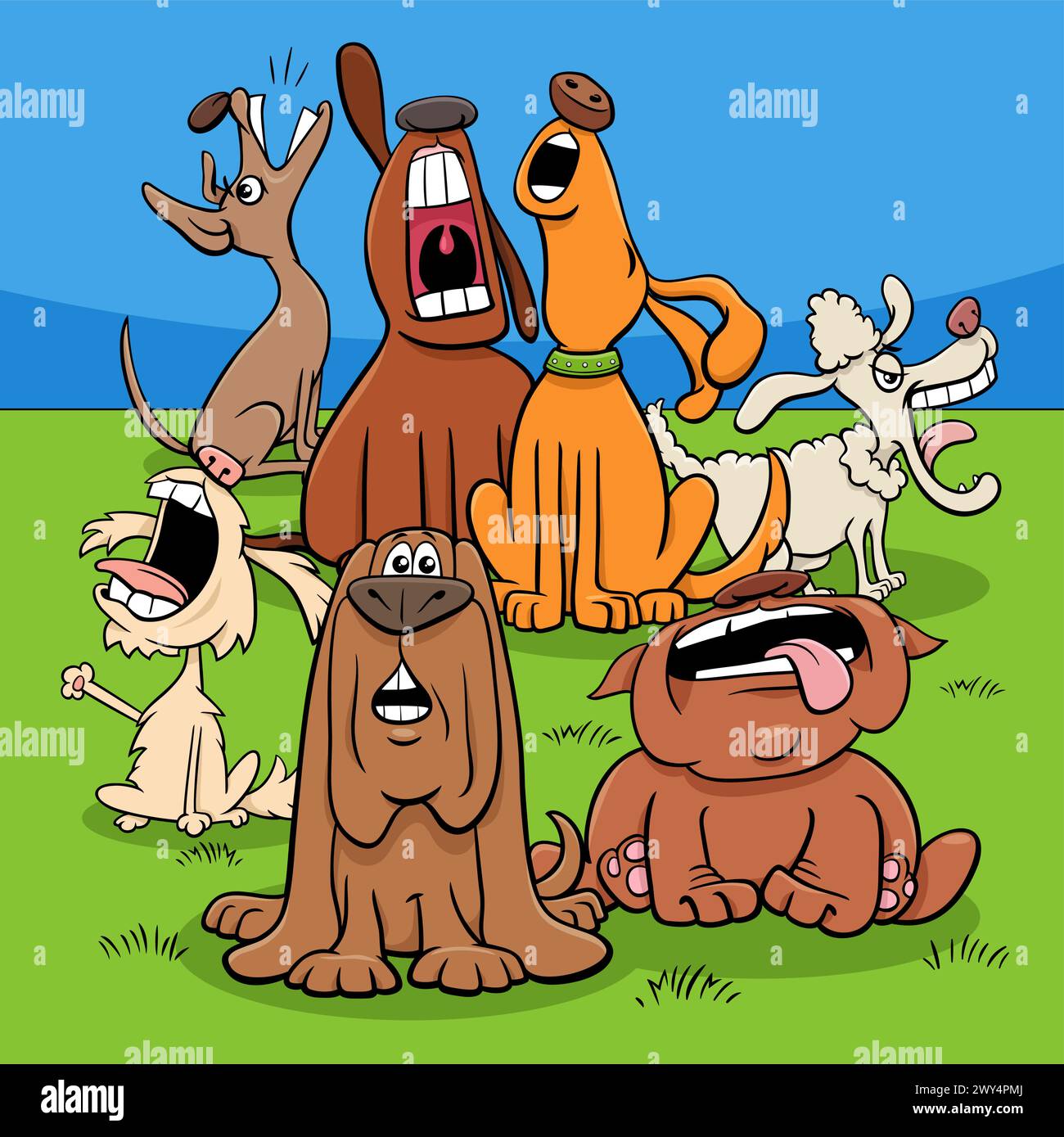 Zeichentrickillustration von Hunden Tierfiguren Gruppe heulen oder bellen Stock Vektor