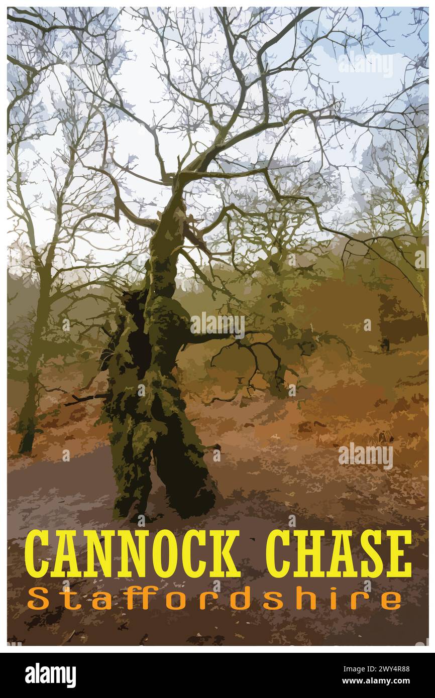 Nostalgisches Retro-Reiseplakat von Cannock Chase, Staffordshire, England, Großbritannien im Stil von Work Projects Administration. Stock Vektor
