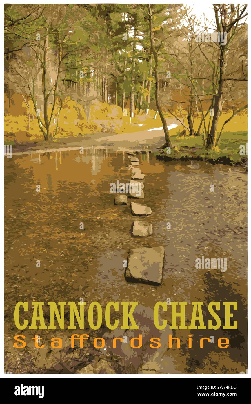 Nostalgisches Retro-Reiseplakat von Cannock Chase, Staffordshire, England, Großbritannien im Stil von Work Projects Administration. Stock Vektor