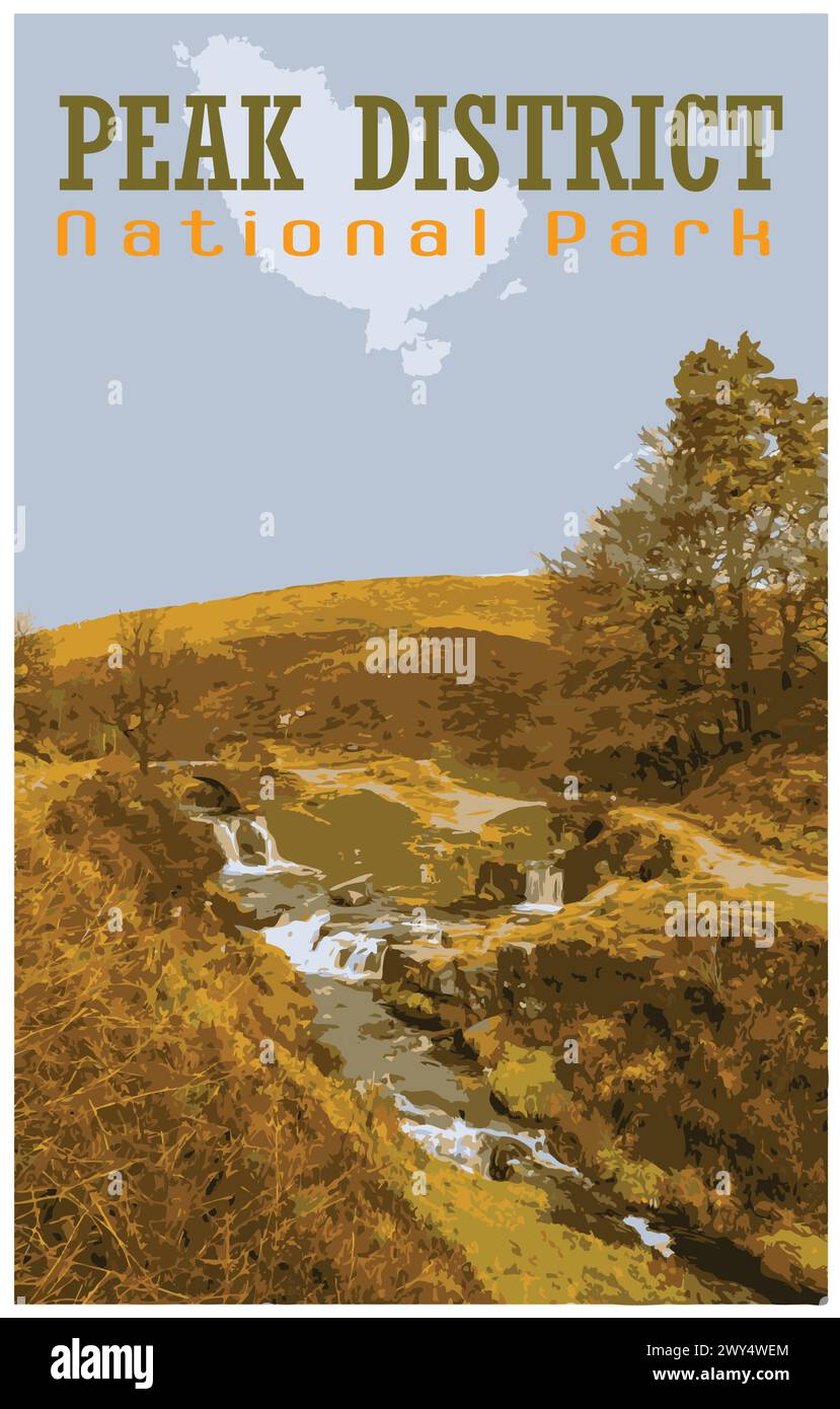 Drei Shire Heads nostalgisches Retro-Reiseposter-Konzept des Peak District National Park, England, Großbritannien im Stil der Work Projects Administration. Stock Vektor
