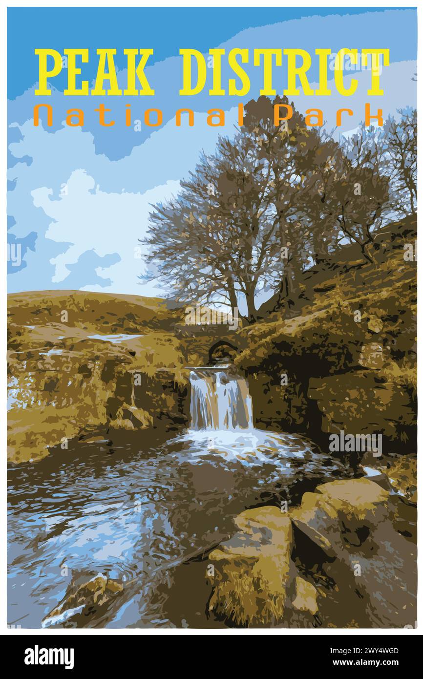 Drei Shire Heads nostalgisches Retro-Reiseposter-Konzept des Peak District National Park, England, Großbritannien im Stil der Work Projects Administration. Stock Vektor