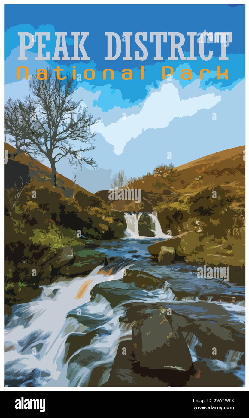 Drei Shire Heads nostalgisches Retro-Reiseposter-Konzept des Peak District National Park, England, Großbritannien im Stil der Work Projects Administration. Stock Vektor