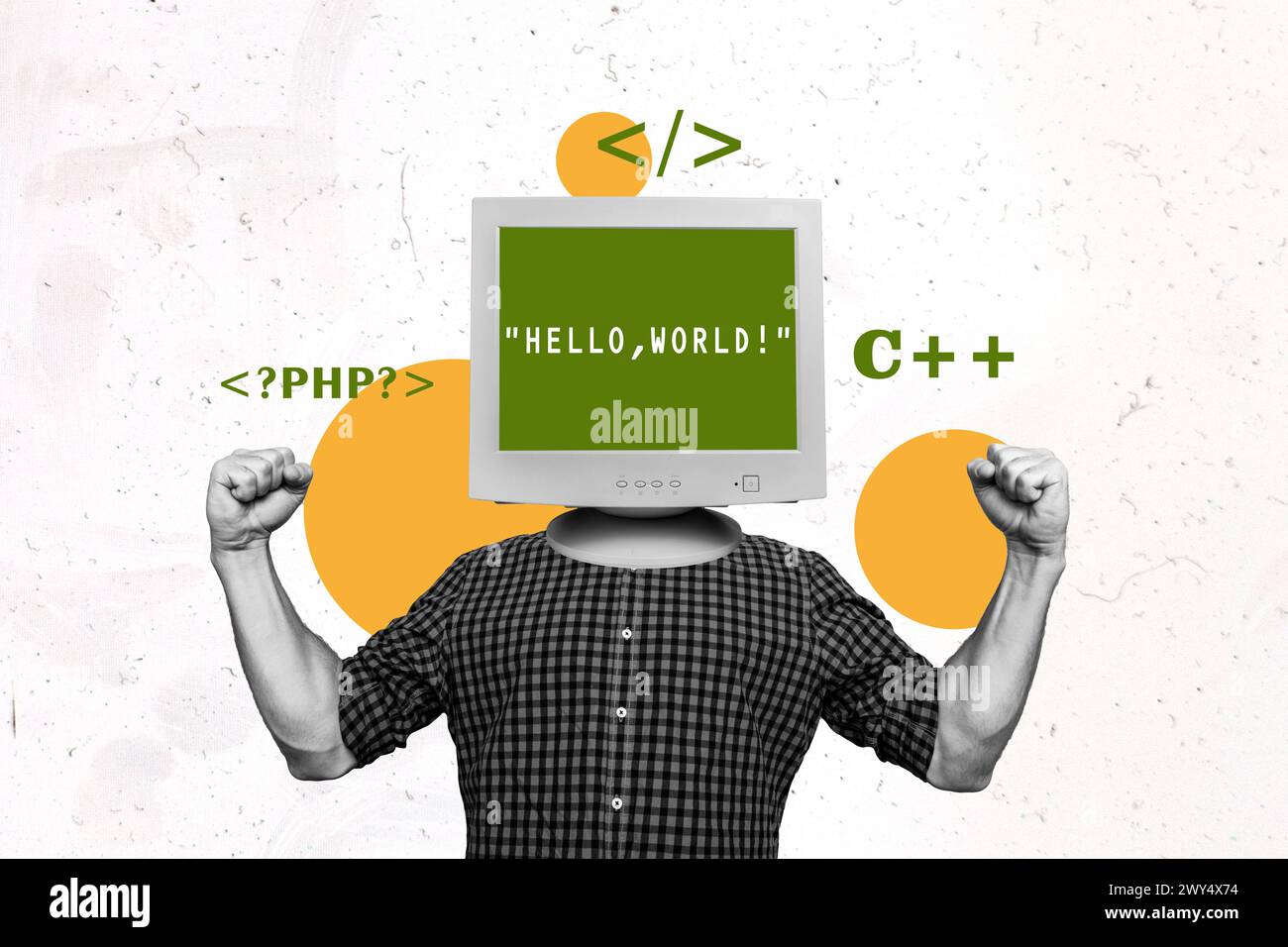 Trend Artwork Skizze Foto Collage von jungen Programmierer Mann Hacker Codierung Programm Remote Arbeit php Sprache Monitor Kopf sagen Hallo Welt Stockfoto