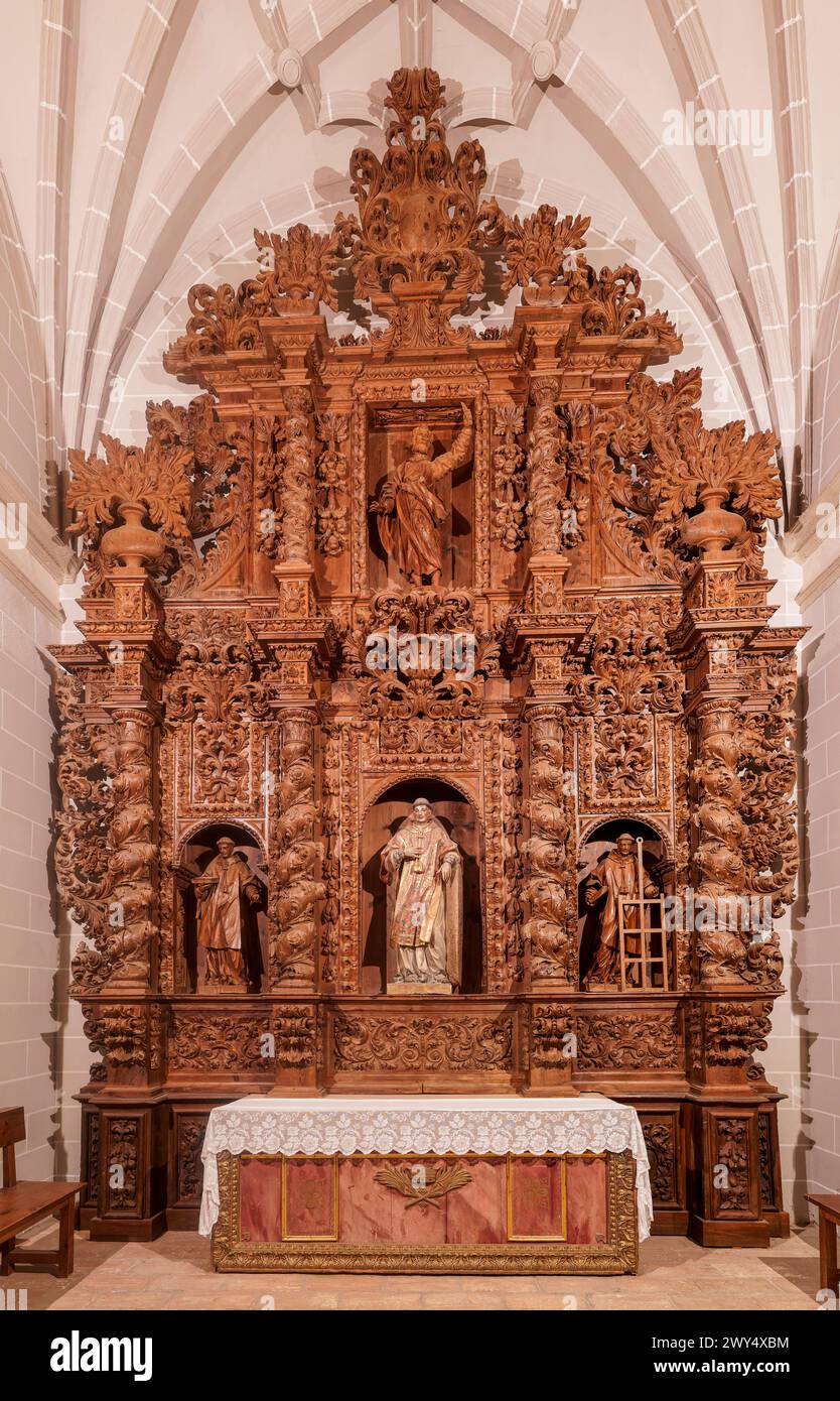 BOLEA HUESCA ARAGON SPANIEN. Gotische Stiftskirche. Kirche die Stiftskirche Santa María la Mayor in der Stadt Bolea, Provinz Aragon Stockfoto