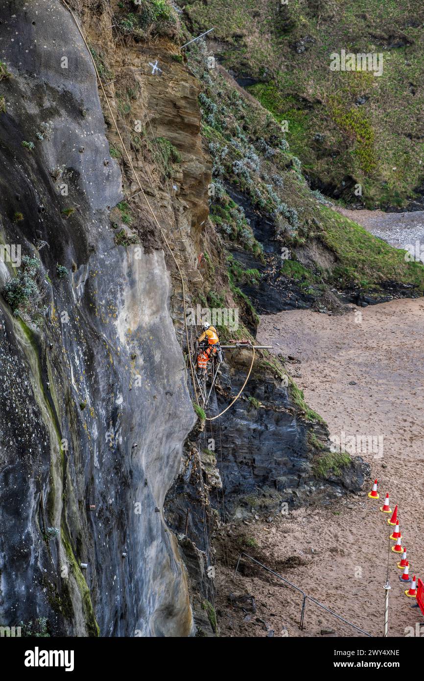 Ein Arbeiter, der an Seilen hängt, um die Klippe oberhalb des Great Western Beach in Newquay in Cornwall in Großbritannien zu stabilisieren. Stockfoto