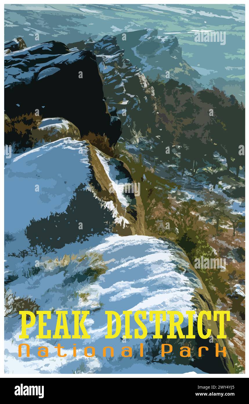Die Kakerlaken, Staffordshire Nostalgisches Retro-Winterreiseposter-Konzept des Peak District National Park, England, Großbritannien im Stil von Arbeitsprojekten Stock Vektor