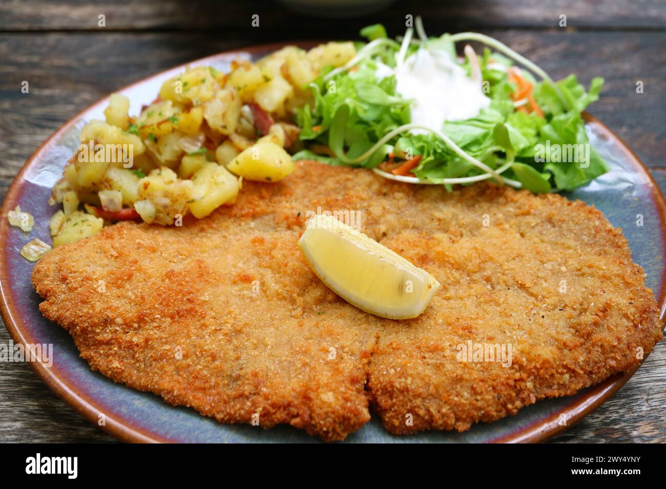 Teller mit köstlichem knusprigem goldbraunem Schnitzel Stockfoto