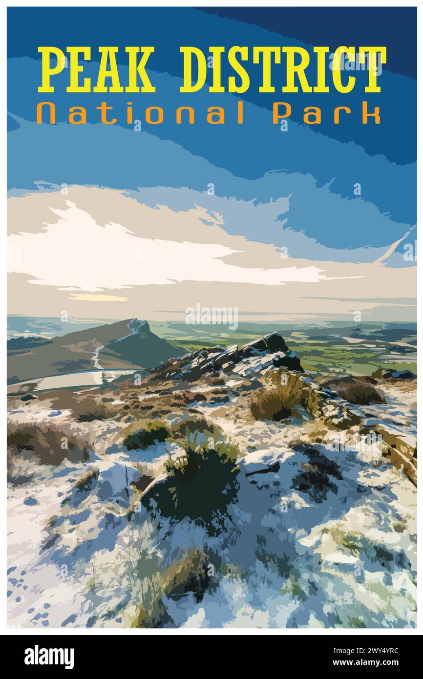 Die Kakerlaken, Staffordshire Nostalgisches Retro-Winterreiseposter-Konzept des Peak District National Park, England, Großbritannien im Stil von Arbeitsprojekten Stock Vektor