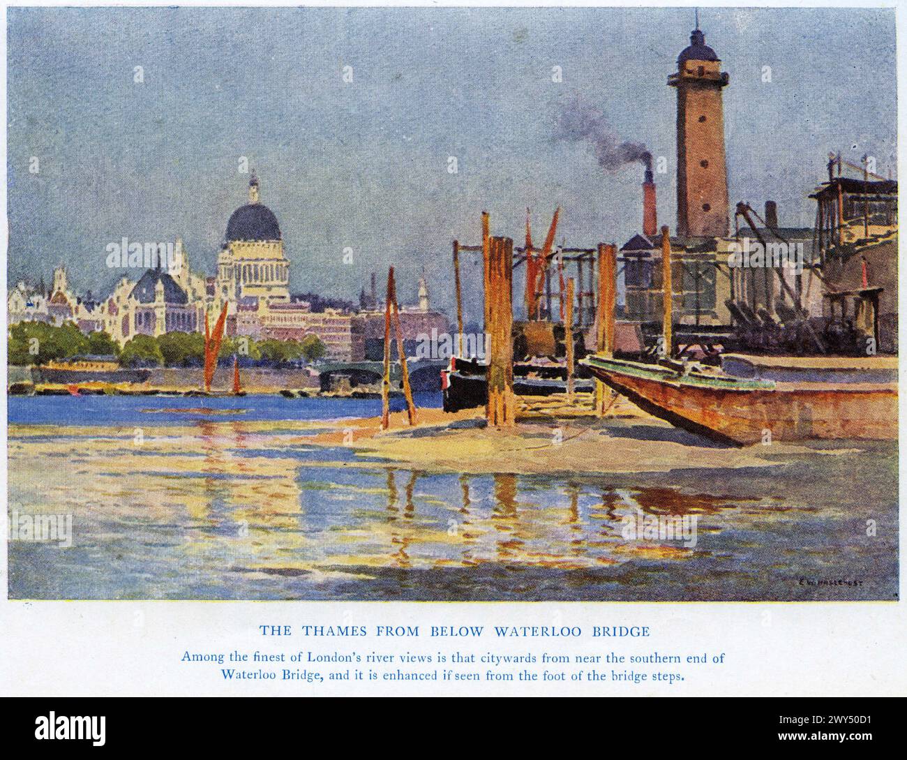 Aquarell der Themse von unterhalb der Waterloo Bridge, London, um 1927 Stockfoto