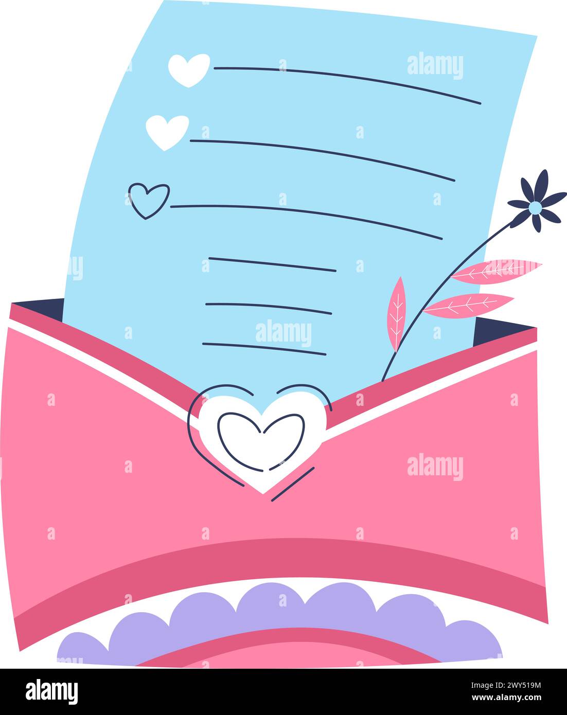 Liebesbrief, Umschlag mit Papier und Blumengeschenk Stock Vektor