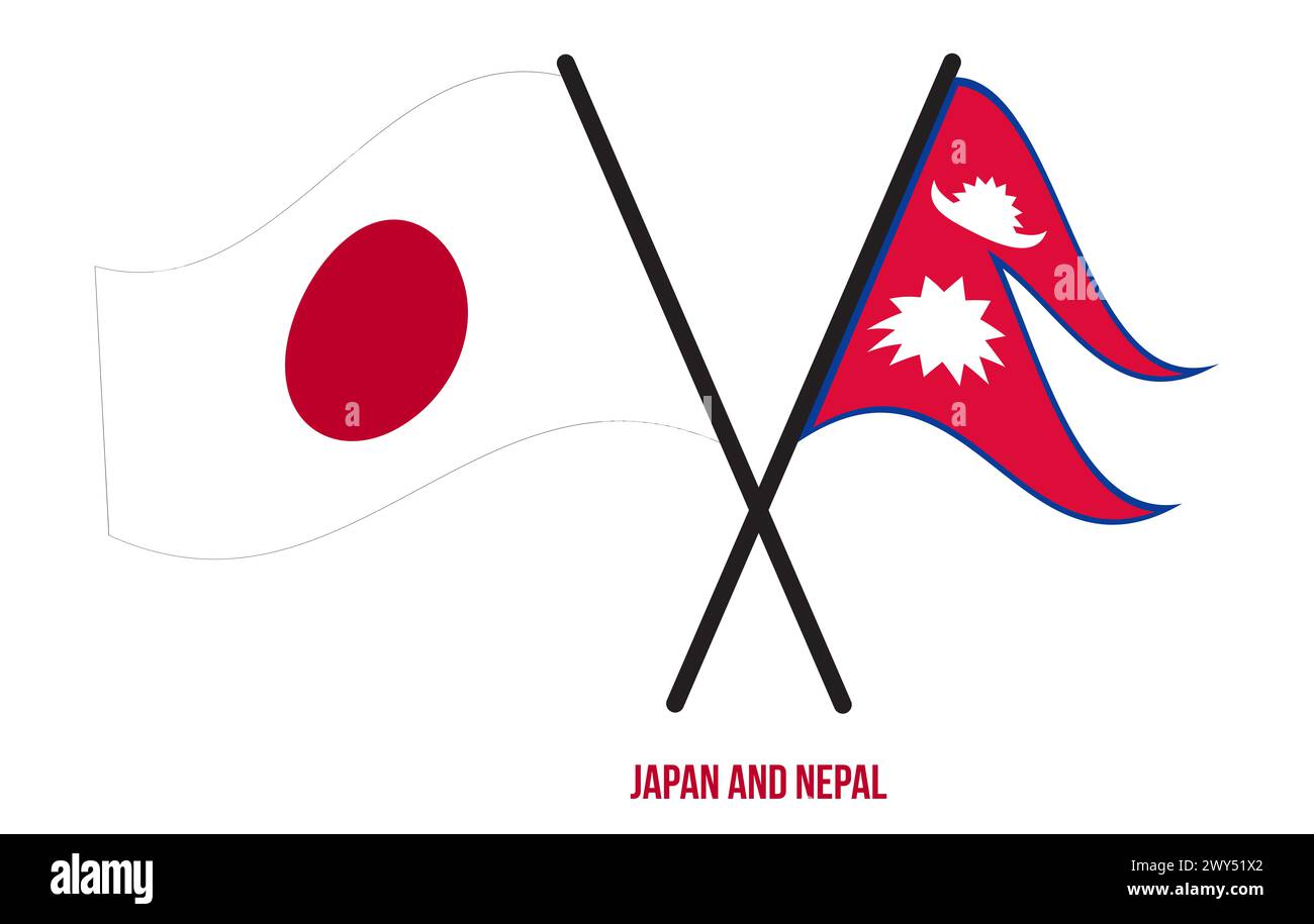 Japan- und Nepal-Flaggen kreuzen und schwenken flach. Offizieller Anteil. Farben Korrigieren. Stockfoto