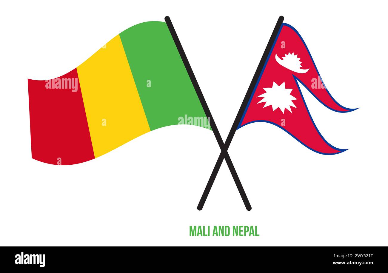 Mali- und Nepal-Flaggen kreuzen und schwenken flach. Offizieller Anteil. Farben Korrigieren. Stockfoto
