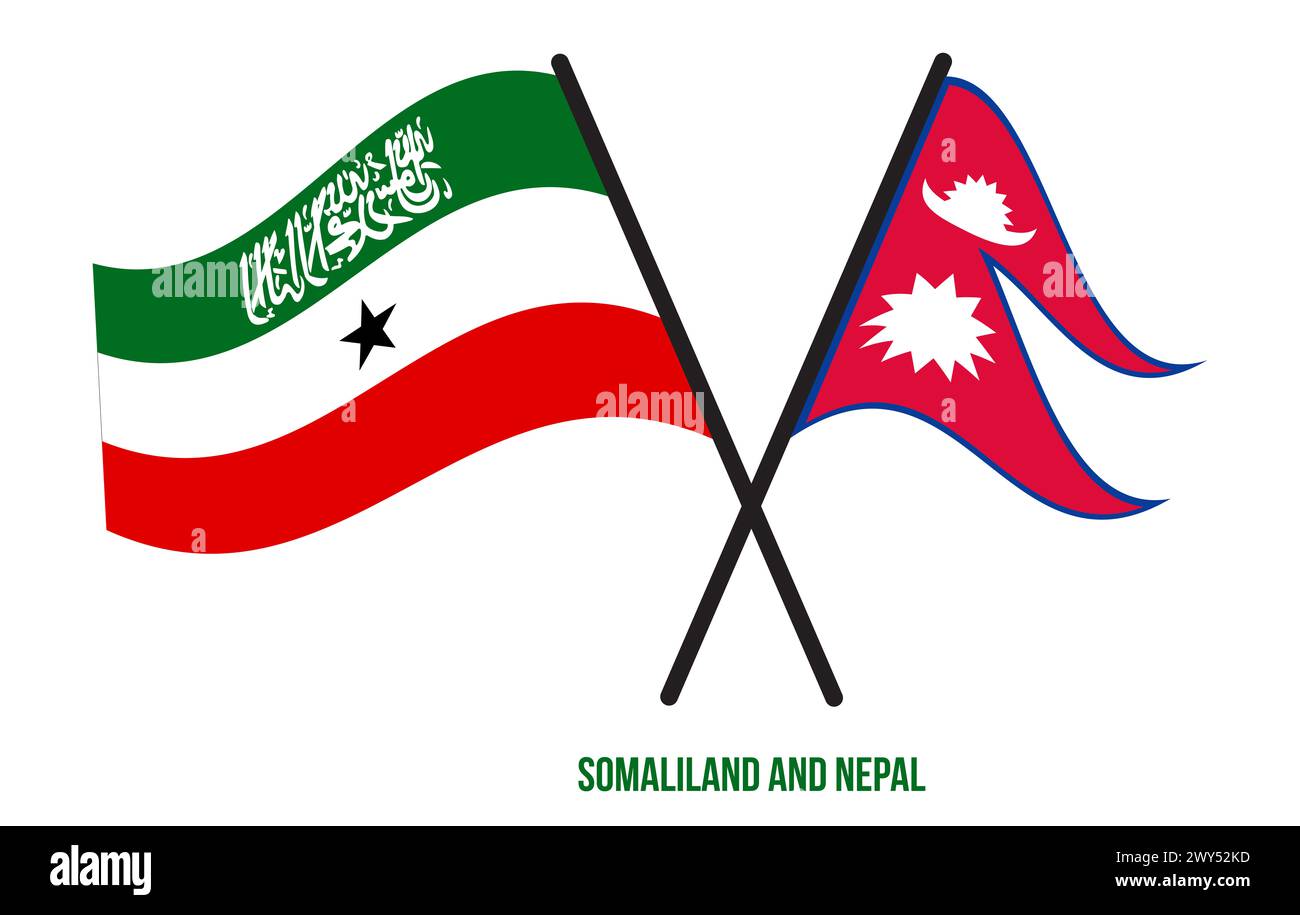 Somaliland- und Nepal-Flaggen kreuzten sich und winkten flach. Offizieller Anteil. Farben Korrigieren. Stockfoto