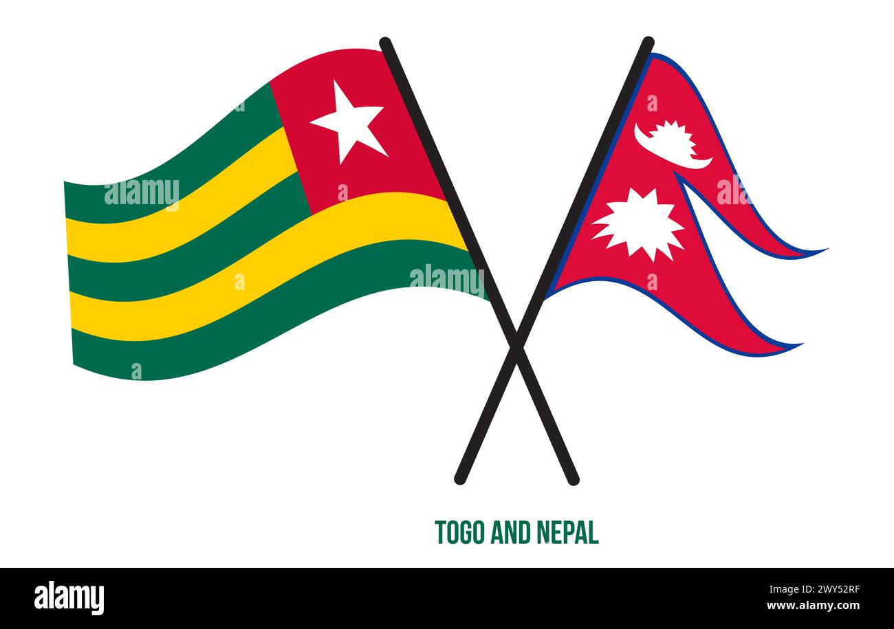 Togo- und Nepal-Flaggen kreuzen und schwenken flach. Offizieller Anteil. Farben Korrigieren. Stockfoto